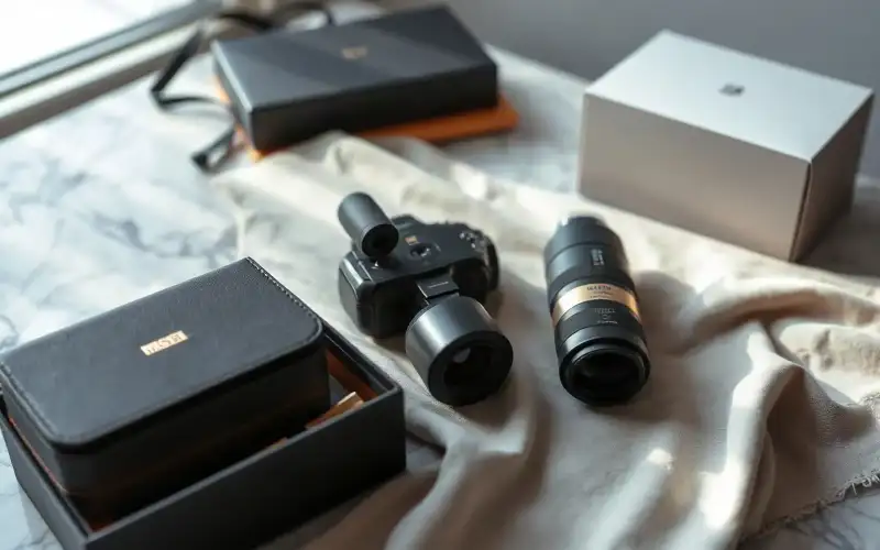 Luxuriöse Premium-Produkte in eleganter Flat-Lay-Anordnung mit den 12 häufigsten Käuferfragen beim Premiumkauf