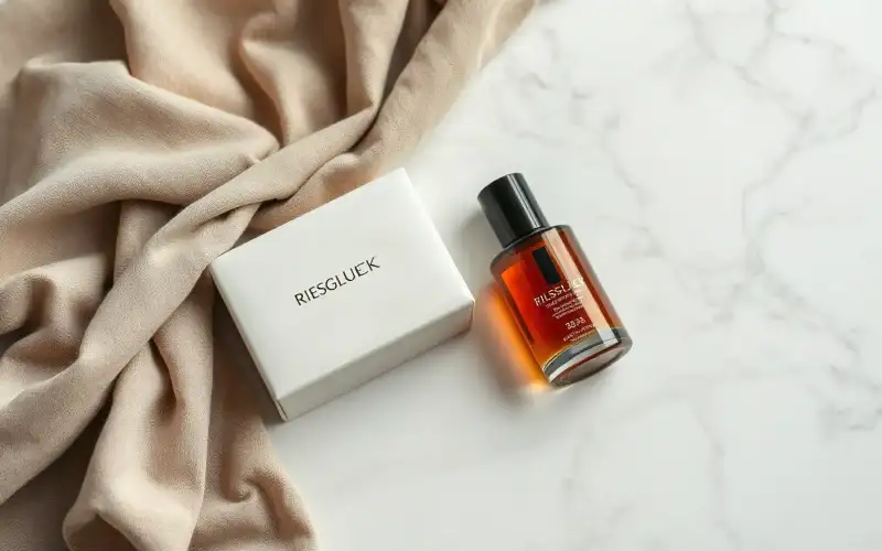 Luxus-Produktflatlay auf Marmor mit natürlichem Licht und professioneller Bildkomposition für Premium-Marketing