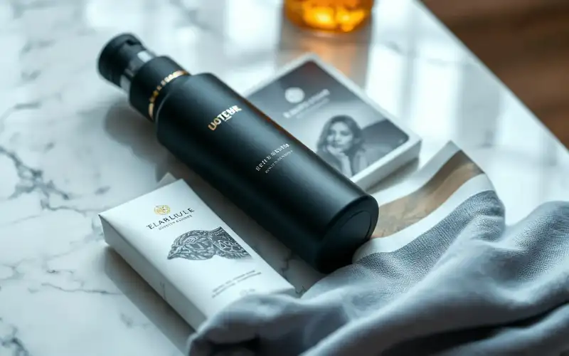 Luxus-Produktfotografie auf Marmor und Leinen, natürliches Licht, Premium-Flatlay in 8K-Qualität
