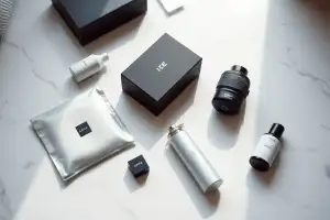 Luxuriöse Produktverpackung auf Marmor in professionellem Flat-Lay-Stil mit natürlichem Licht