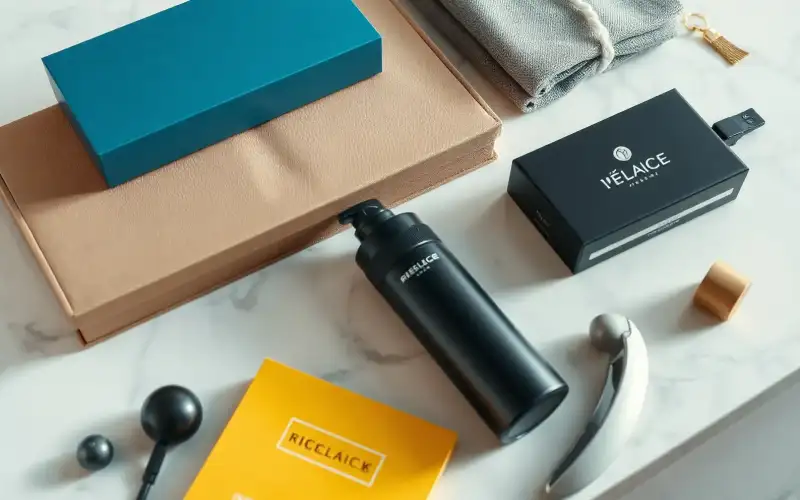 Luxusprodukte auf Marmor arrangiert mit eleganter Preiskommunikation im Flatlay-Stil