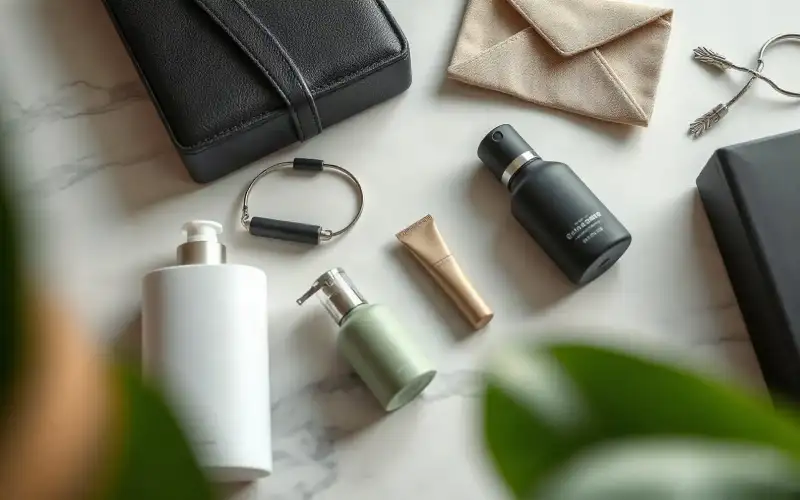 Luxuriöse Produktinszenierung auf Marmor mit natürlichem Licht und hochwertiger Flat-Lay-Fotografie für Premium-Marken