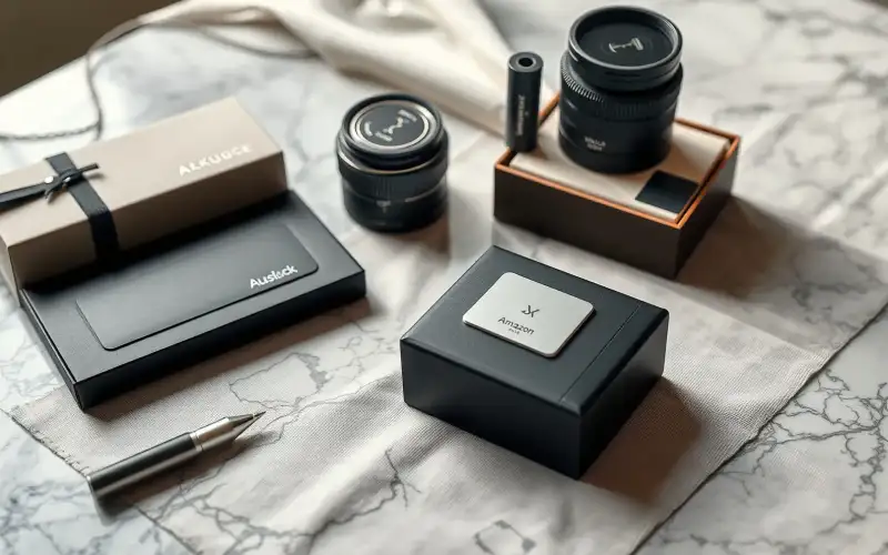Luxusprodukte auf Marmor und Leinen elegant arrangiert für den deutschen Premium-Onlinemarkt