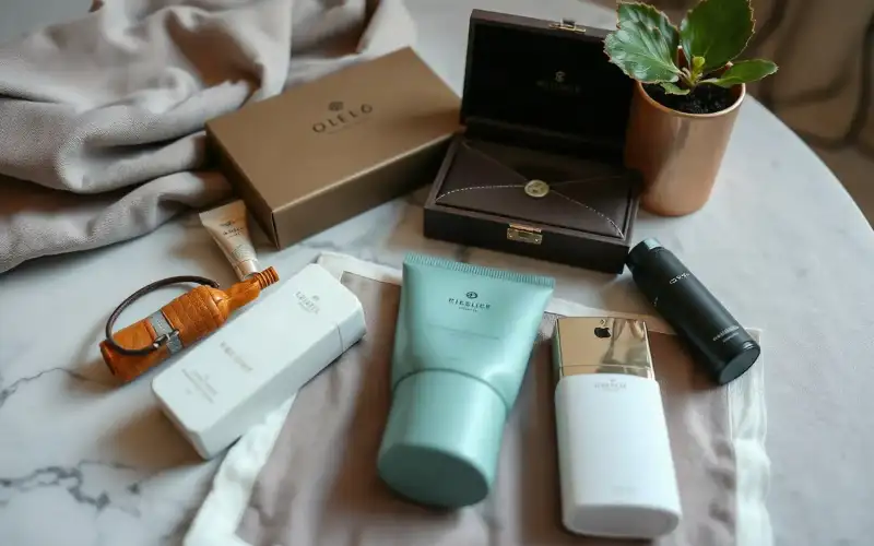 Luxuriöse Produktinszenierung auf Marmor mit natürlichem Licht und Social-Proof-Elementen für Premium-Marken