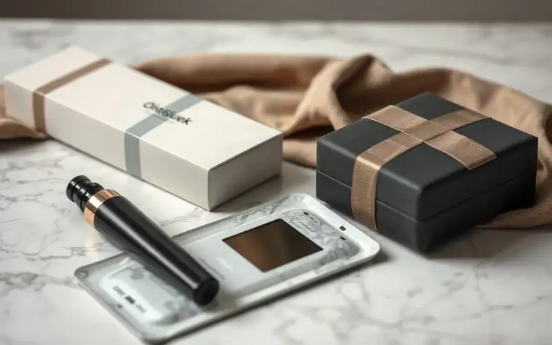 Luxuriöse Premiumprodukte auf Marmor und Leinen, professionell fotografiert im Flatlay-Stil für Otto.de