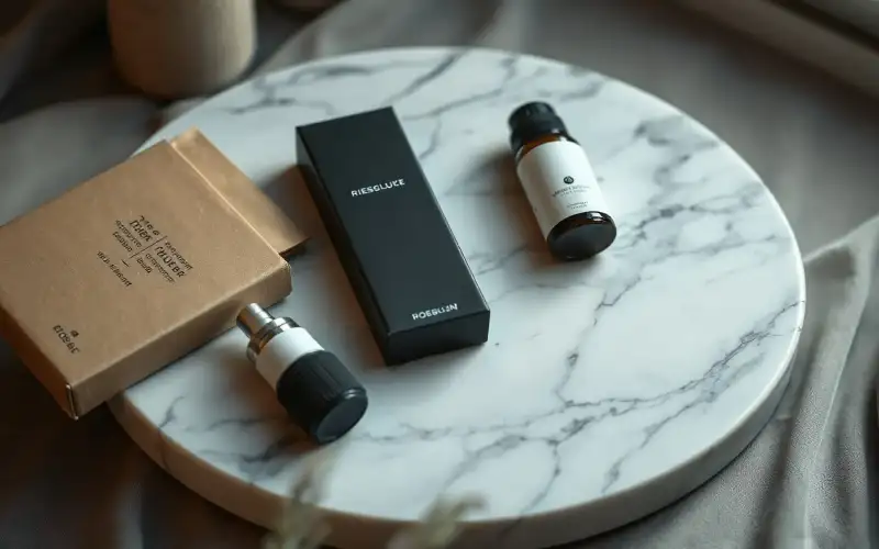 Luxuriöses Flat-Lay auf Marmor mit hochwertigen Produkten in natürlichem Licht für Premium-Produktbeschreibungen