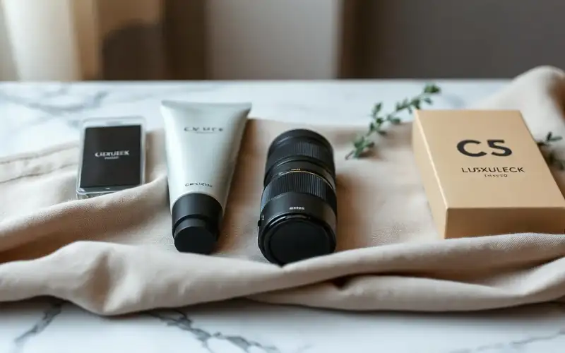 Luxus-Produktflatlay auf Marmor mit natürlichem Licht für Premium-Preiskalkulation im Hochpreissegment