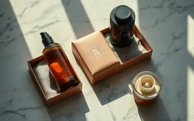 Luxusprodukte auf Marmor drapiert – stilvolles Flat Lay für Premium-Markenrecht und Produktpräsentation