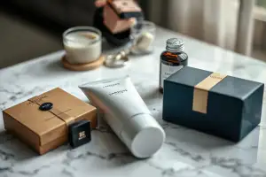 Flachlay von Luxusprodukten mit Premiumlogo auf Marmor, natürliches Licht, fotorealistisch