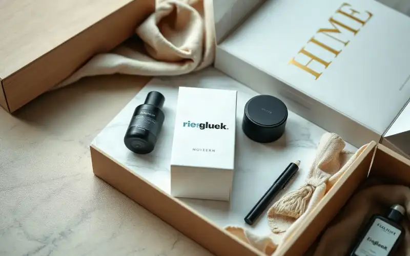Luxuriöse Produktinszenierung mit Flatlay auf Marmor und Leinen, natürliches Licht, Unboxing-Szene in 8K