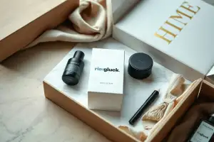 Luxuriöse Produktinszenierung mit Flatlay auf Marmor und Leinen, natürliches Licht, Unboxing-Szene in 8K
